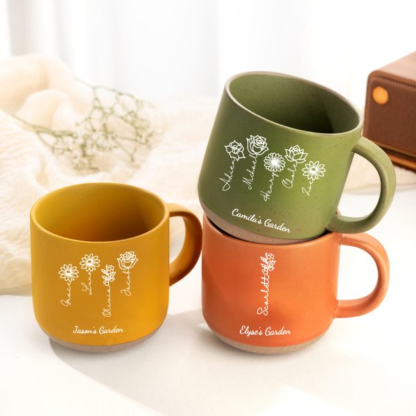 Personalised 1-6 Birth Flowers Line Art 12 oz Ceramic Mug with Name and Text Anniversary Birthday Christmas Gift for Family
