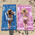 Personalizzato con la nuvola di parole della famiglia, personaggio dei cartoni animati, asciugamano da spiaggia in microfibra sovradimensionato ad asciugatura rapida con nome, regalo di compleanno ess