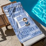 Personalizzato con la nuvola di parole della famiglia, personaggio dei cartoni animati, asciugamano da spiaggia in microfibra sovradimensionato ad asciugatura rapida con nome, regalo di compleanno ess