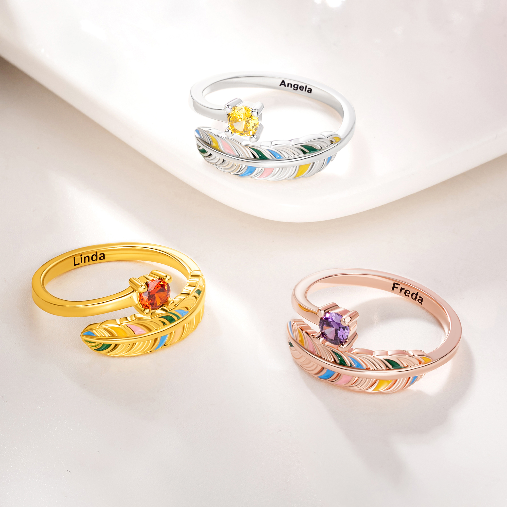 Personnalisé Feather Leaf Birthstone Bague ouverte ajustable avec texte Bijoux délicats à porter tous les jours Cadeau d'anniversaire pour elle