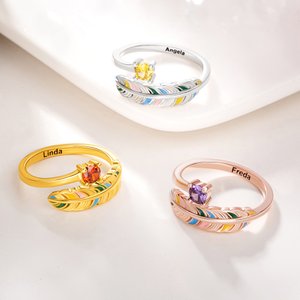 Personalized Colorful Feather Leaf Birthstone Adjustable Open Ring with Text Dainty Jewelry Daily Wear Birthday Anniversary Gift for Her