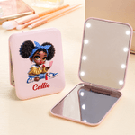 Personalized Cute Black Girl Pocket Mirror with Name and LED Light Makeup Tools Daily Use Birthday Wedding Gift for Girls Women