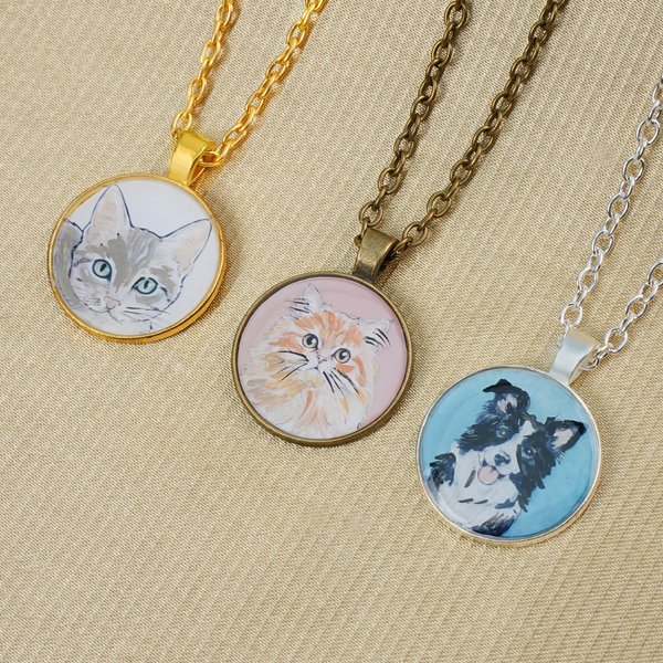 Personalizzato disegnato a mano acquerello miniatura Pet foto pittura Collana Compleanno Memorial Regalo di Natale per gli amanti degli animali domestici proprietari