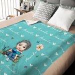 Personalized Cartoon Reading Character Birth Flower Soft Throw Blanket with Name Birthday Christmas Gift for Family Friends