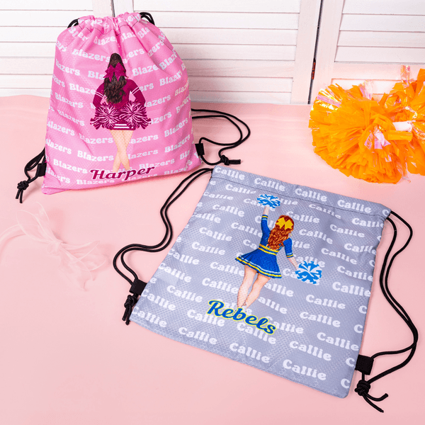 Personalized Cartoon Cheerleader Waterproof Wear-Resistant Drawstring Bag with Team Name Cheer Practice Senior Night Game Day Gift for Cheerleaders