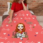 Personalized Cartoon Reading Character Birth Flower Soft Throw Blanket with Name Birthday Christmas Gift for Family Friends