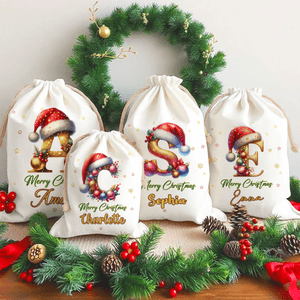 Personalised Star Santa Hat Shining Initial Drawstring Gift Bag with Name Merry Christmas Eve Party Favors for Girls Boys Kids