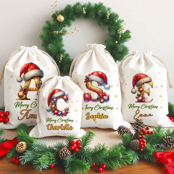 Personalized Star Santa Hat Shining Initial Drawstring Gift Bag with Name Merry Christmas Eve Party Favors for Girls Boys Kids