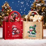 Personalized Cute Snowman Snowflake Large Jute Bag with Name and Year Christmas Party Gift for Kids