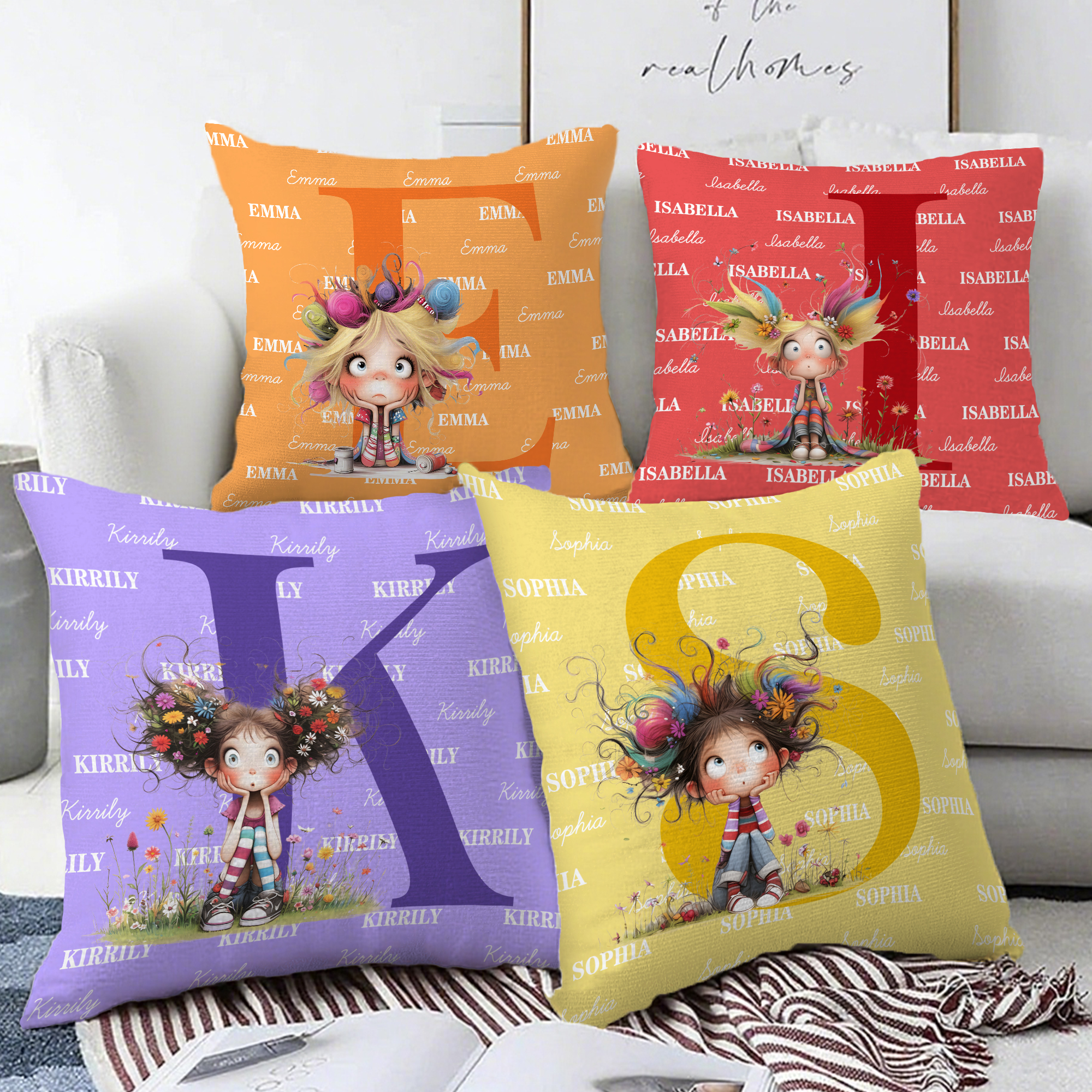 Taie d'oreiller personnalisée multicolore en forme de dessin animé avec nom et initiales Cadeau d'anniversaire pour fille