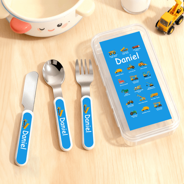 Personalized Multicolour Construction Truck Safe Stainless Steel Fork Spoon Knife 3 Pcs Cutlery Set with Name and Case Birthday Gift for Boys Girls