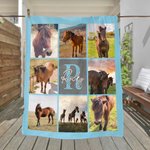 Personalized Nine-Square Grid Photo Horseshoe Soft Throw Blanket with Name and Initial Home Decor Equestrian Game Day Gift for Horse Lovers