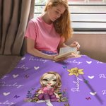 Personalized Cartoon Reading Character Birth Flower Soft Throw Blanket with Name Birthday Christmas Gift for Family Friends