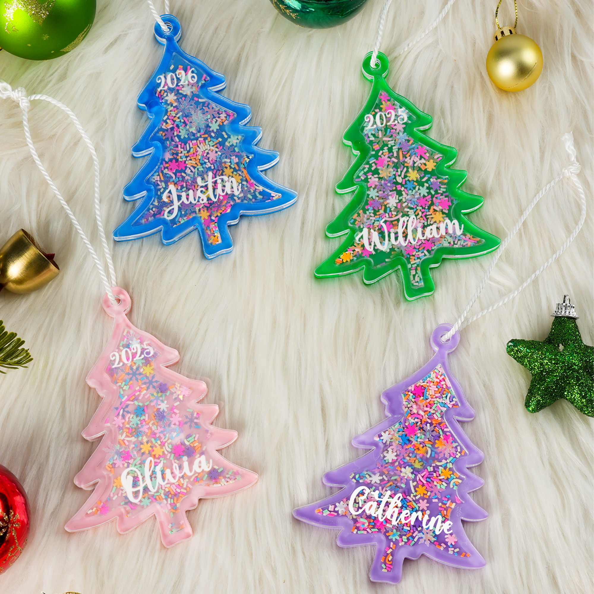 Ornement de sapin de Noël personnalisé avec flocon de neige multicolore avec nom et année Décoration de l'arbre de Noël Cadeau de Noël pour la famille et les amis