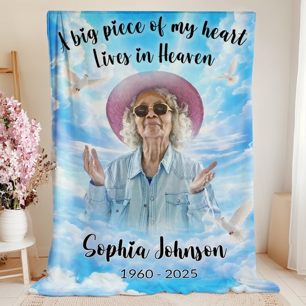 Personalized White Dove Heaven Photo Soft Throw Blanket with Name and Year Memorial Sympathy Gift for Family Friends