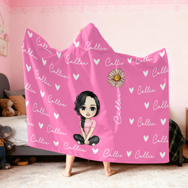 Personalised Cute Cartoon Character Heart Birth Flower Multicolor Soft Throw Hooded Blanket with Name Birthday Christmas Gift for Family Friends