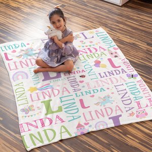 Personalised Cartoon Rainbow Dinosaur Design Word Cloud Soft Throw Blanket with Initial and Name Birthday Christmas Gift for Boys Girls