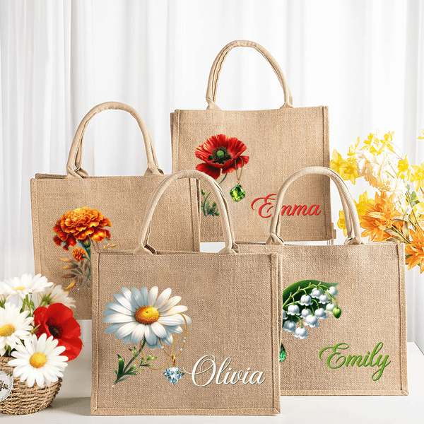 Personalized Gemstone Birth Flower Jute Bag with Name Anniversary Birthday Gift for Women