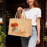 Personalized Gemstone Birth Flower Jute Bag with Name Anniversary Birthday Gift for Women