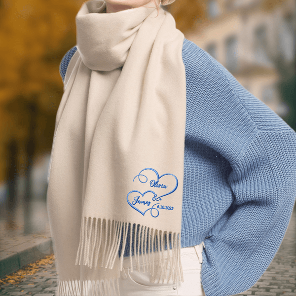 Personalized Double Heart Embroidery Multicolor Super Soft Tassel Warm Scarf with Name and Date Christmas Birthday Anniversary Gift for Couple