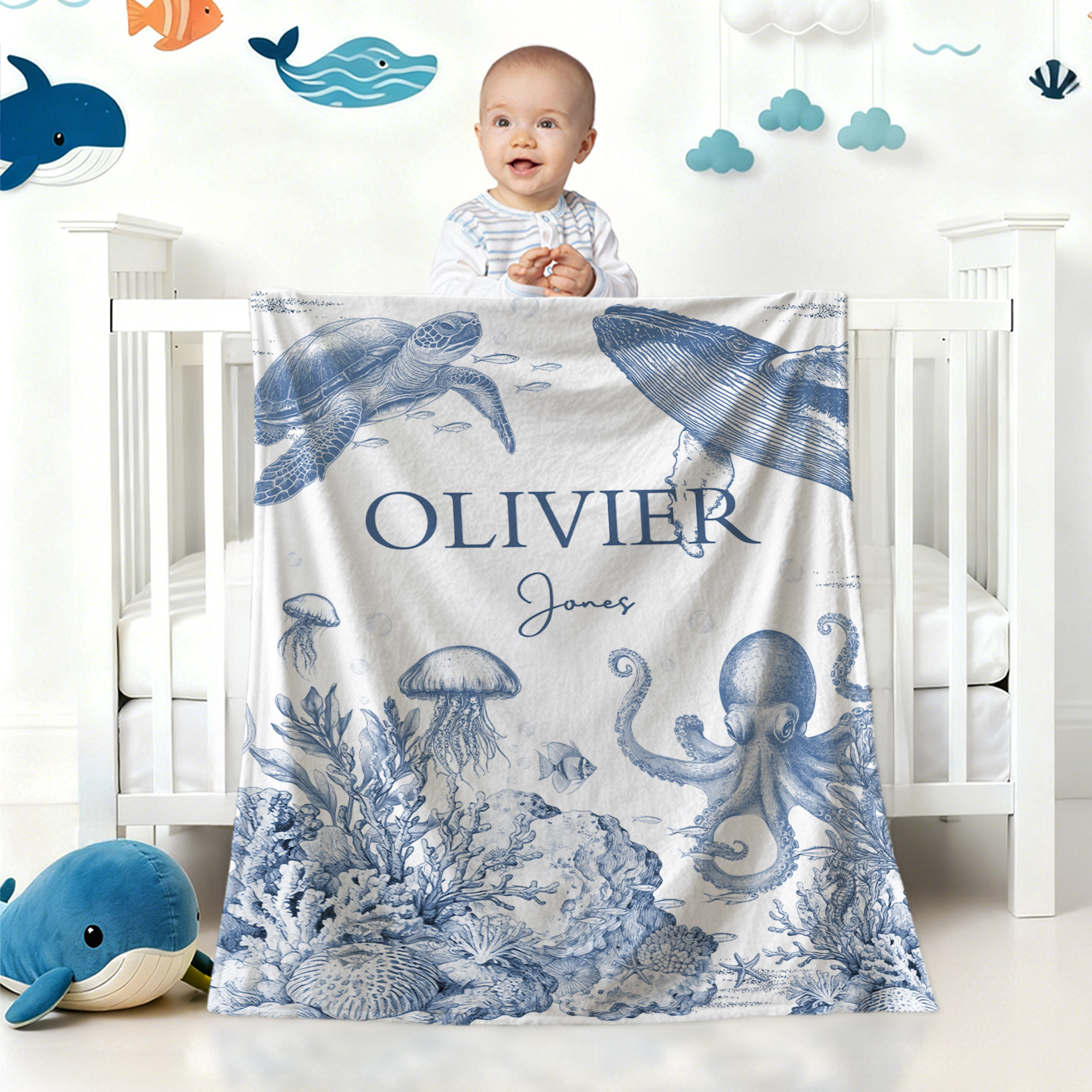 Couverture Personnalisée Rétro Style Ocean Animaux Doux avec Nom Décoration Anniversaire Douche de Bébé Cadeau de Noël pour Nouveau-Nés Enfants