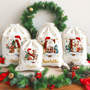 Personalized Santa Claus Snowman Christmas Hat Initial Canvas Drawstring Gift Bag with Name Christmas Eve Party Gift for Kids Family Friends