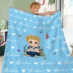 Personalized Cartoon Reading Character Birth Flower Soft Throw Blanket with Name Birthday Christmas Gift for Family Friends