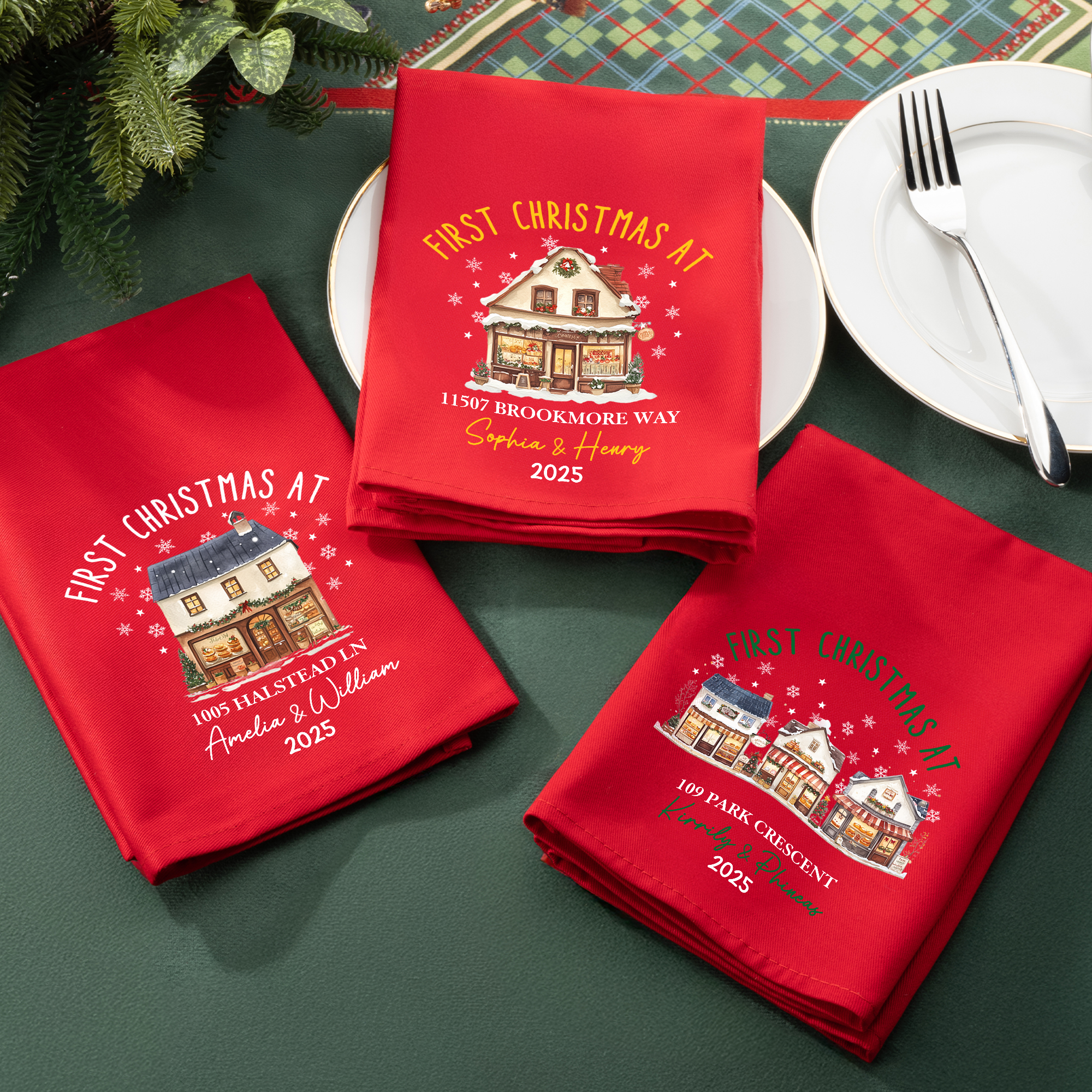 Serviette de table rouge 100% coton avec nom, adresse et année Décoration de table Cadeau de Noël pour la famille, les amis et les déménageurs