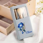 Personalized Gemstone Birth Flower Makeup Brush Travel Storage Box Set with Name Birthday Wedding Gift for Women