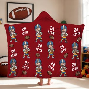 Personalized Face Photo Football Cartoon Character Soft Hooded Blanket with Name and Number Home Decor Birthday Match Day Gift for Sports Lovers
