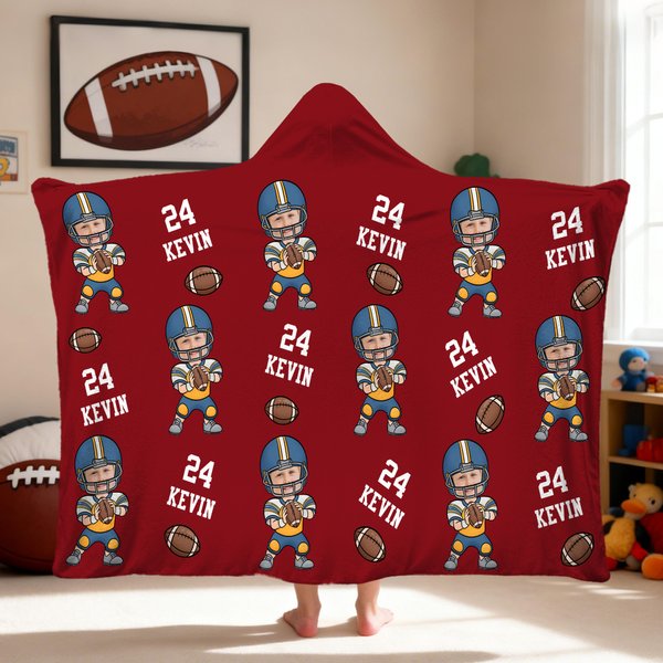 Personalized Face Photo Football Cartoon Character Soft Hooded Blanket with Name and Number Home Decor Birthday Match Day Gift for Sports Lovers
