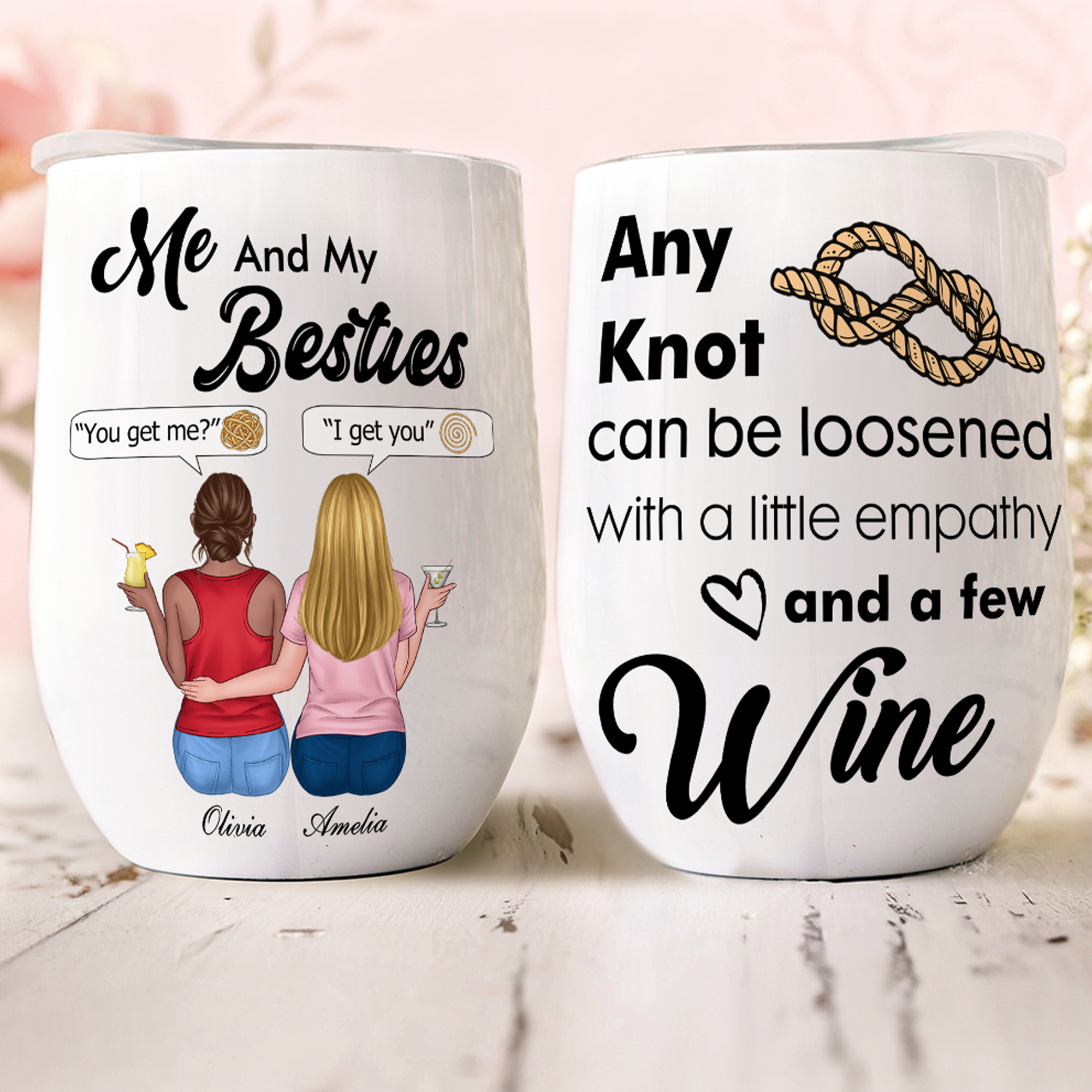 Personnalisé Me and My Besties Cartoon Character 12 oz Insulated Wine Tumbler with Names Birthday Bride Party Anniversary Gift for Besties (Moi et mes amies, personnages de dessins animés, verre à vin