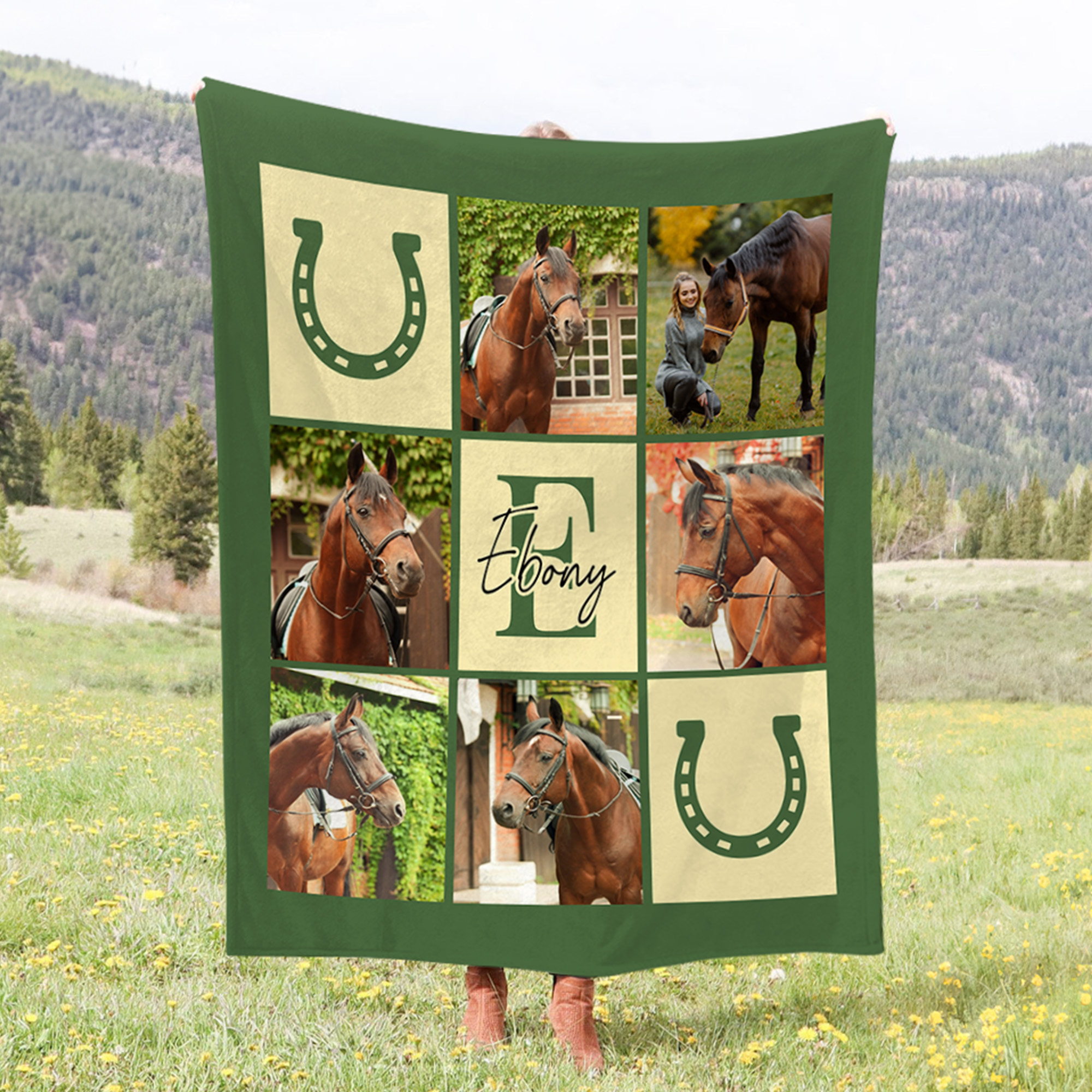 Couverture Douce Personnalisée avec 6 ou 8 Photos Nom et Initiale Décroation de Maison Cadeau pour les Amoureux du Cheval