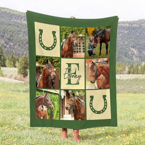 Personalised Nine-Square Grid Photo Horseshoe Soft Throw Blanket with Name and Initial Home Decor Equestrian Game Day Gift for Horse Lovers