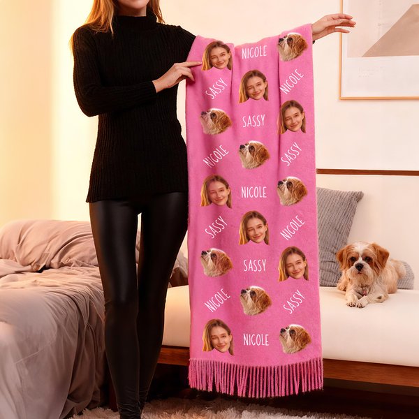 Personalised Funny Face Photo Name Multicolor Soft Warm Tassel Scarf Anniversary Winter Birthday Gift for Women Men Pet Lovers