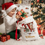 Personalized Santa Claus Snowman Christmas Hat Initial Canvas Drawstring Gift Bag with Name Christmas Eve Party Gift for Kids Family Friends