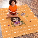 Personalized Cartoon Reading Character Birth Flower Soft Throw Blanket with Name Birthday Christmas Gift for Family Friends