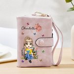 Personifierad tecknad läsfigur Födelseblomma Tri-Fold PU läder armband plånbok med korthållare och namn Födelsedagspresent för bokmalar