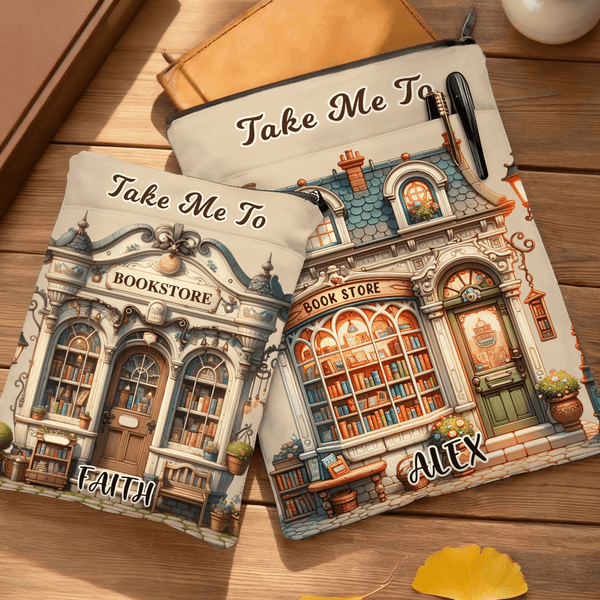 Personalised Take Me To Bookstore Book Sleeve Cover with Name Zipper and Front Pocket Birthday Christmas Gift for Bookworms