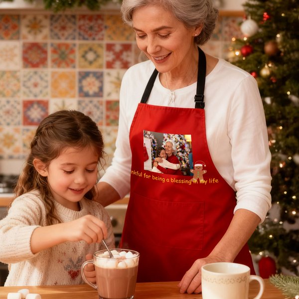 Personalized Snowman Elk Photo Adjustable Apron with Name and Pocket Cooking Handcraft Activities Autumn Birthday Christmas Gift for Friend Family