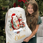 Personalized Santa Claus Snowman Christmas Hat Initial Canvas Drawstring Gift Bag with Name Christmas Eve Party Gift for Kids Family Friends