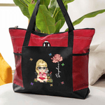 Personalized Cartoon Charatcer Birth Flower Large Capacity Tote Bag with Name and Mesh Pockets Birthday Christmas Gift for Women