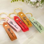 Personalised Birth Flower Pink Bow PU Leather Keychain with Name Birthday Anniversary Christmas Gift for Women