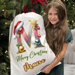 Personalized Star Santa Hat Shining Initial Drawstring Gift Bag with Name Merry Christmas Eve Party Favors for Girls Boys Kids