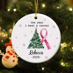Personalized The Year I Beat A Cancer Acrylic Ceramic Ornament with Name Tree Decor Christmas Gift for Family Friends
