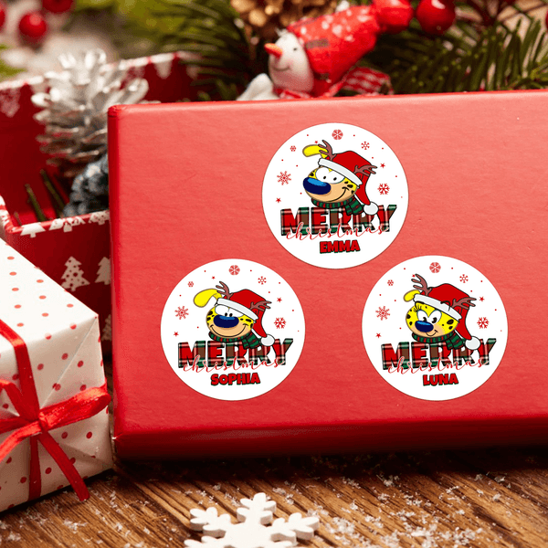 Personalised Christmas Long Tailed Marsupilami Set of 2 Waterproof Stickers Labels with Name Christmas Gift for Family Kids | Callie × Marsupilami®