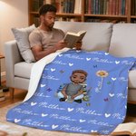 Personalized Cartoon Reading Character Birth Flower Soft Throw Blanket with Name Birthday Christmas Gift for Family Friends