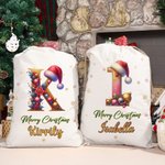 Personalized Star Santa Hat Shining Initial Drawstring Gift Bag with Name Merry Christmas Eve Party Favors for Girls Boys Kids