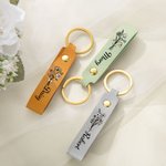 Personalised Birth Flower Pink Bow PU Leather Keychain with Name Birthday Anniversary Christmas Gift for Women