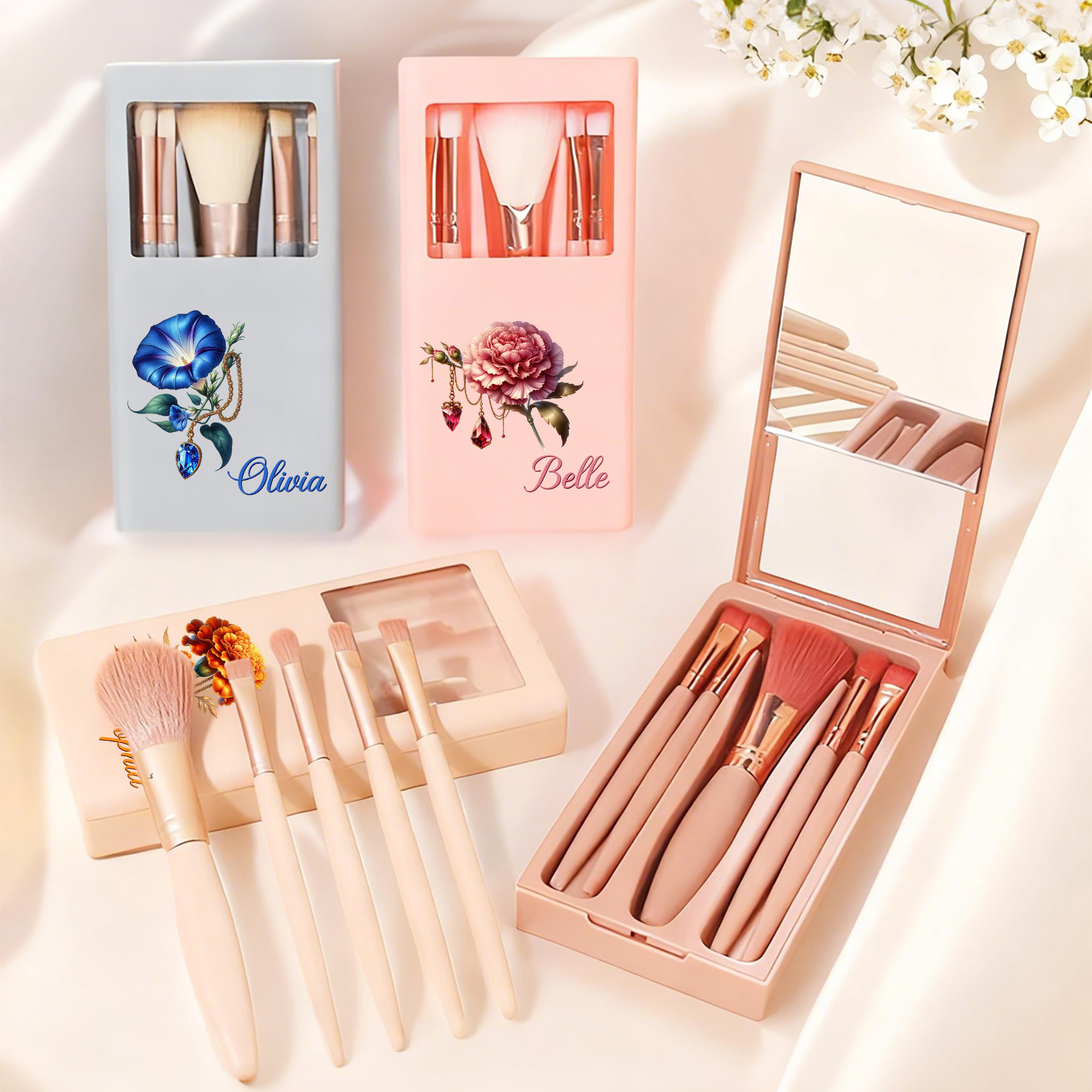Coffret de voyage pour pinceaux de maquillage personnalisé avec nom et fleur de naissance Cadeau d'anniversaire et de mariage pour femmes
